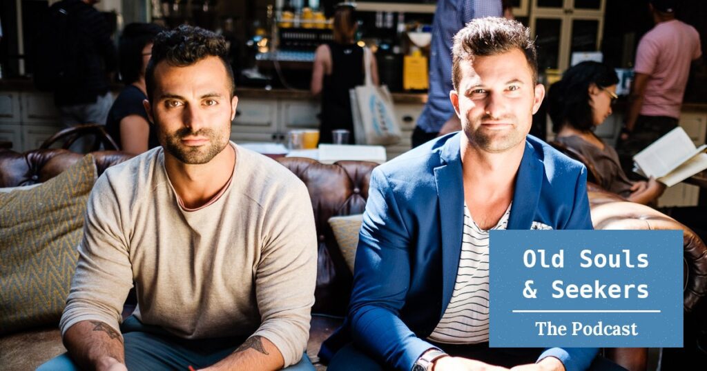 Guy and Ilan Ferdman seated with coffee on a leather sofa, with the Old Souls & Seekers podcast logo